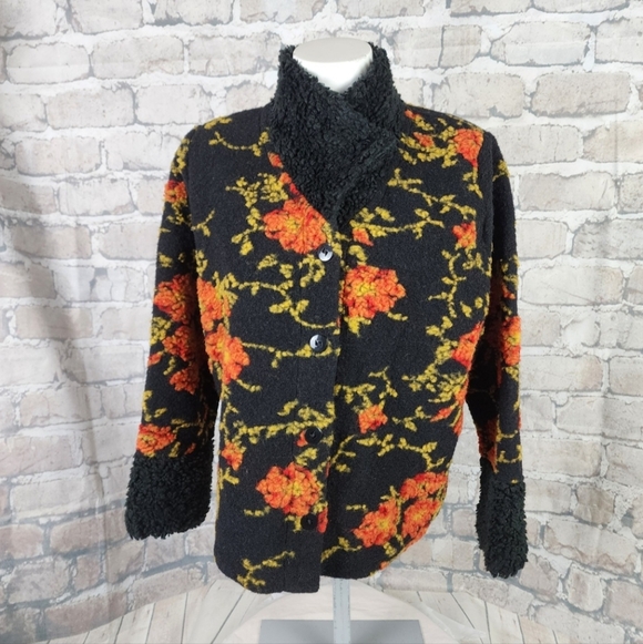 Vintage Wool Handmade Cardigan tlb design Floral Black Orange Size Medium - Picture 4 of 14